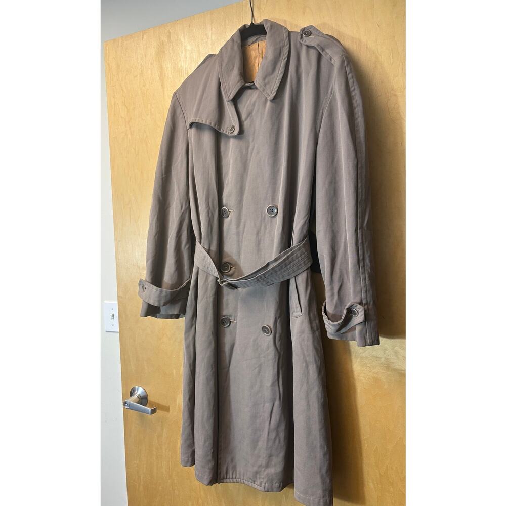 VINTAGE Rainfair Trench Coat Mens Tan Double Breasted Belted Wool USA 90s Small